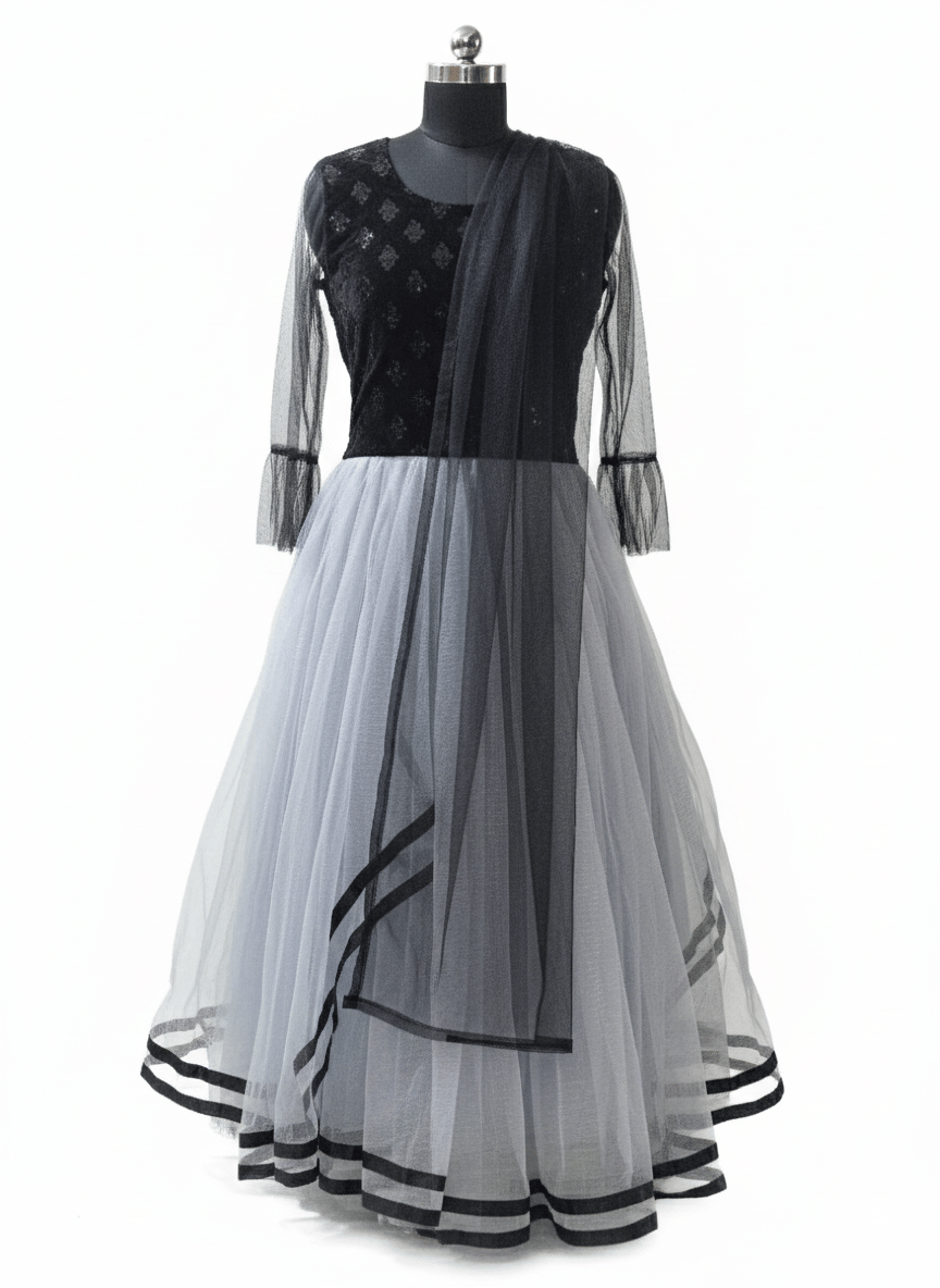 99ladies Store Women’s Black Embroidered Top with Grey Net Flared Skirt & Dupatta – Party Wear Ensemble
