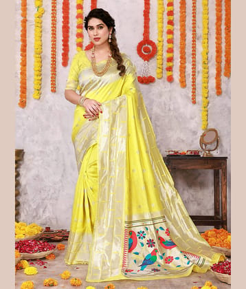 SARIK  FASHION Banarasi Silk Embroidered Saree With Unstitched Blouse Piece ( Yellow )