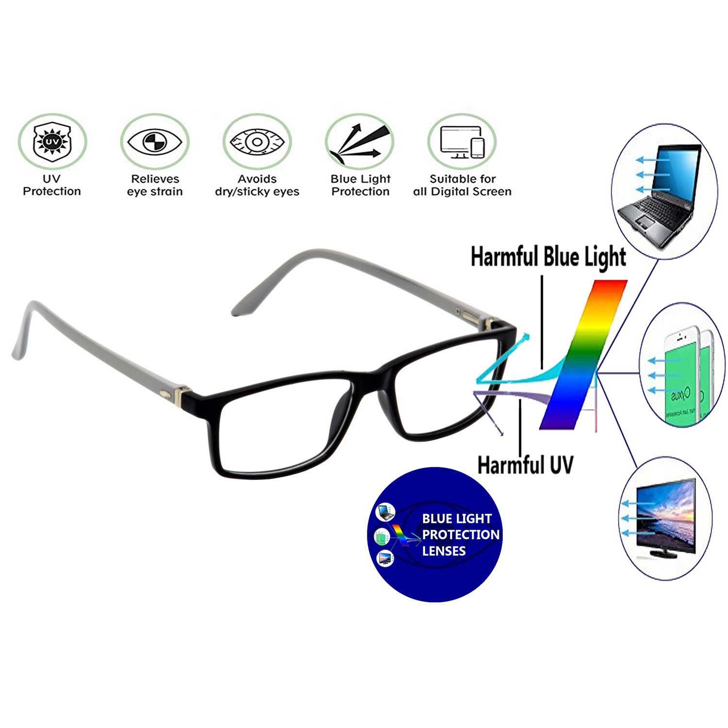 Hrinkar Zero Power Computer Glasses for Online Classes with Eye Protection Blue Cut Lenses for Men & Women | Black and Grey | HBCT-FRM-BK-GRY-11