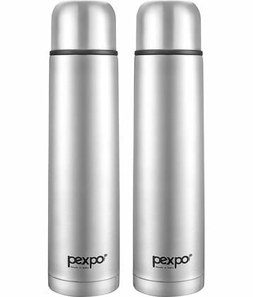 Pexpo 500ml 24 Hrs Hot and Cold ISI Certified Flask with Jute-bag, Flamingo Vacuum insulated Bottle (Pack of 2, Silver)