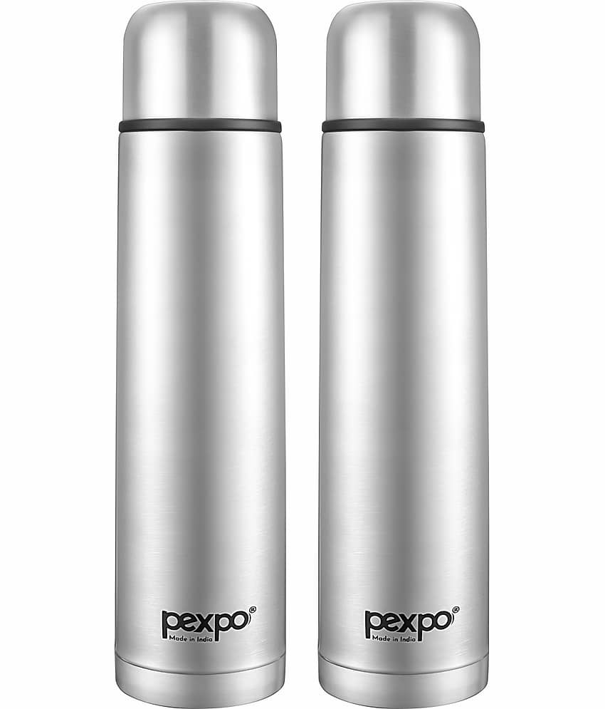Pexpo 500ml 24 Hrs Hot and Cold ISI Certified Flask with Jute-bag, Flamingo Vacuum insulated Bottle (Pack of 2, Silver)