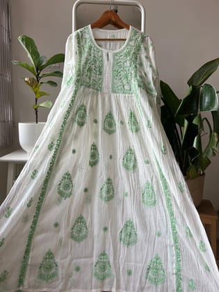 Mul Chanderi Chikankari Anarkali - Green-Green / Mul Chanderi