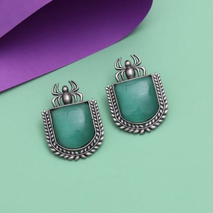 Light Green Color Monalisa Stone Oxidised Earrings (GSE2830LGRN)-Length: 4.50 CM x Width: 3.00 CM / Green / Brass With Good Quality Silver Plated