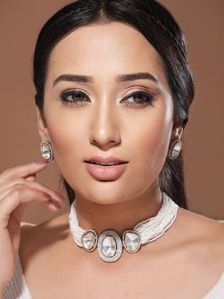 Gold Toned White Moissanite AD Studded Pearl Beaded Statement Choker Jewellery Set