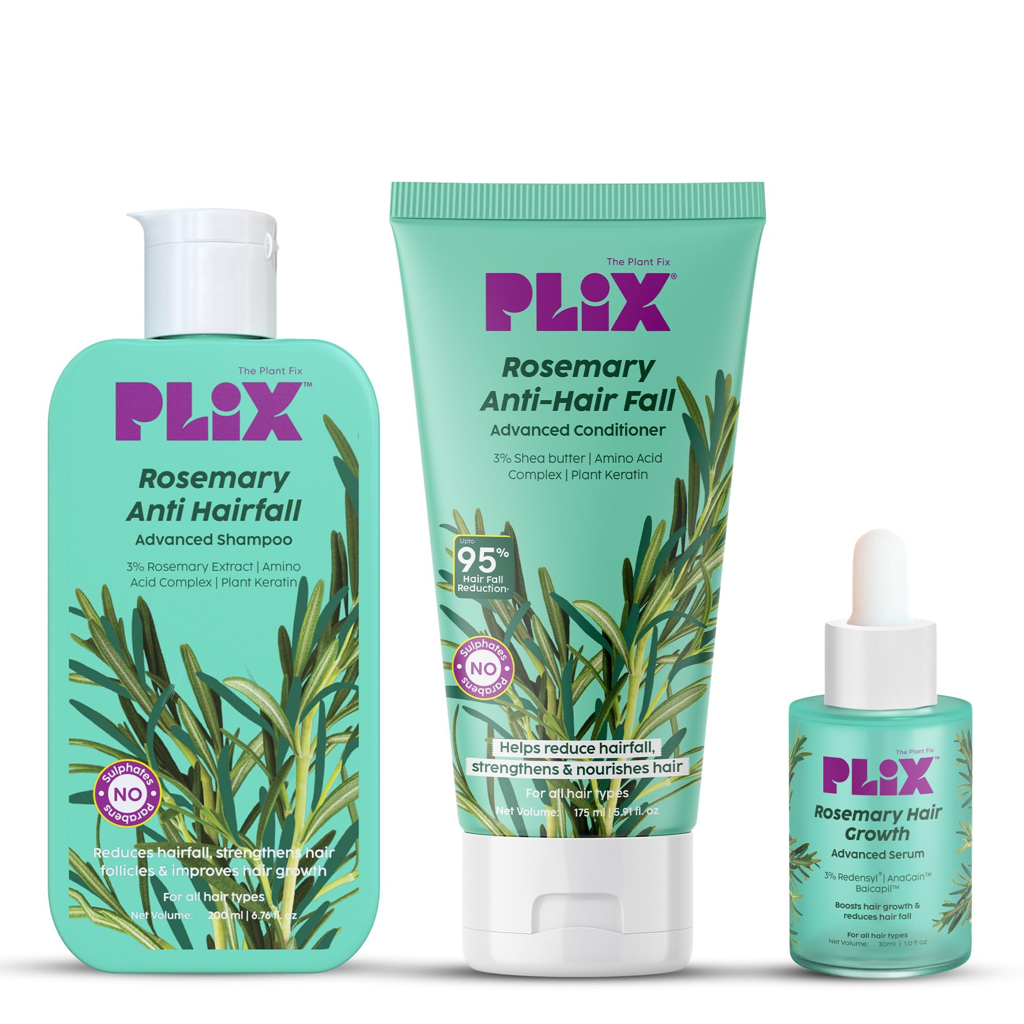 PLIX - THE PLANT FIX l Rosemary Anti Hairfall Regime Combo with 3% Redensyl Serum, Shampoo & Conditioner l Reduces Hair Fall & Strengthens Hair l Sulphate & Paraben Free l All Hair Types l Unisex PLIX - THE PLANT FIX l Rosemary Anti Hairfall Regime Combo