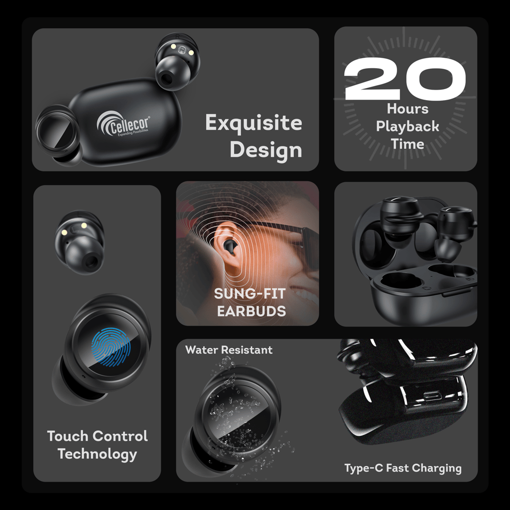 Cellecor BroPods CB04 Waterproof Earbuds With 20 Hours Playtime, Automatic Pairing, ENC Bluetooth - Black