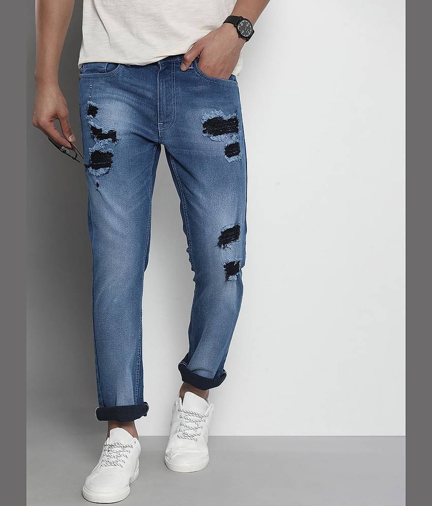 The Indian Garage Co Men Slim Straight Fit Highly Distressed Light Fade Jeans