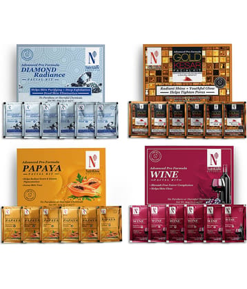 NutriGlow NATURAL'S Advance Pro Formula Diamond Radiance,Gold Kesar,Papaya,Wine Facial kit For Skin Cell Repair, Reduce Scars, 60gm Each, Pack of 4