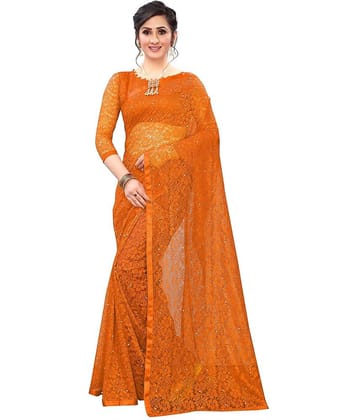 Indy Bliss Net Saree With Unstitched Blouse Piece ( Orange )