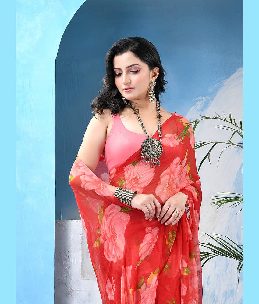 Desh Bidesh Chiffon Self Design Regular Saree Without Blouse Piece ( White )