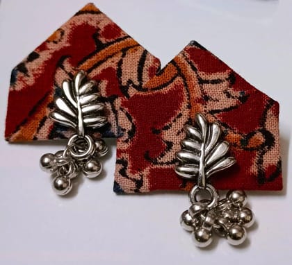 Boho Chic Red Fabric Earrings with Silver Leaf Charm