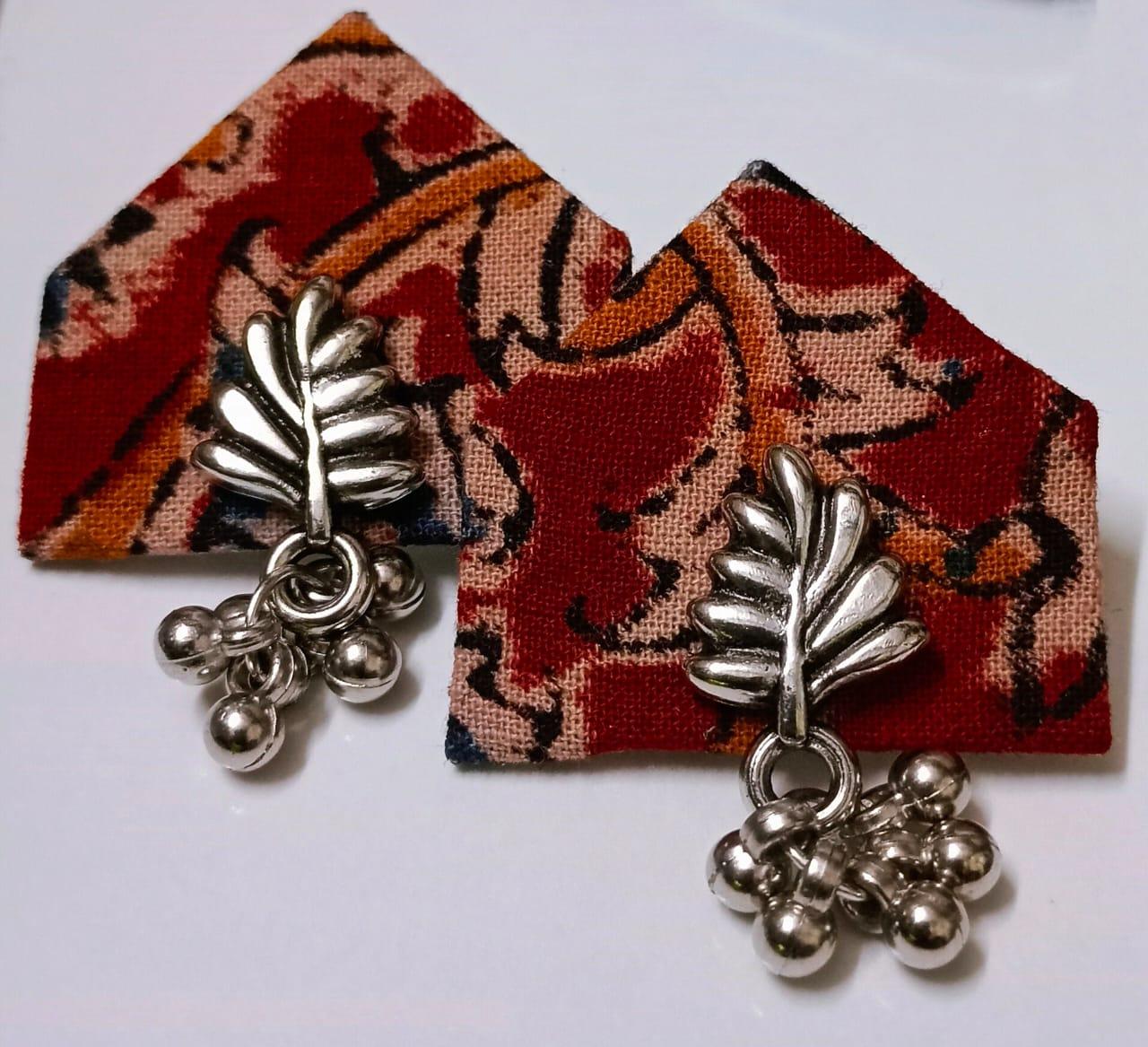 Boho Chic Red Fabric Earrings with Silver Leaf Charm