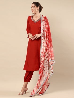 Red Zari Work Cotton Silk Suit Set-XS