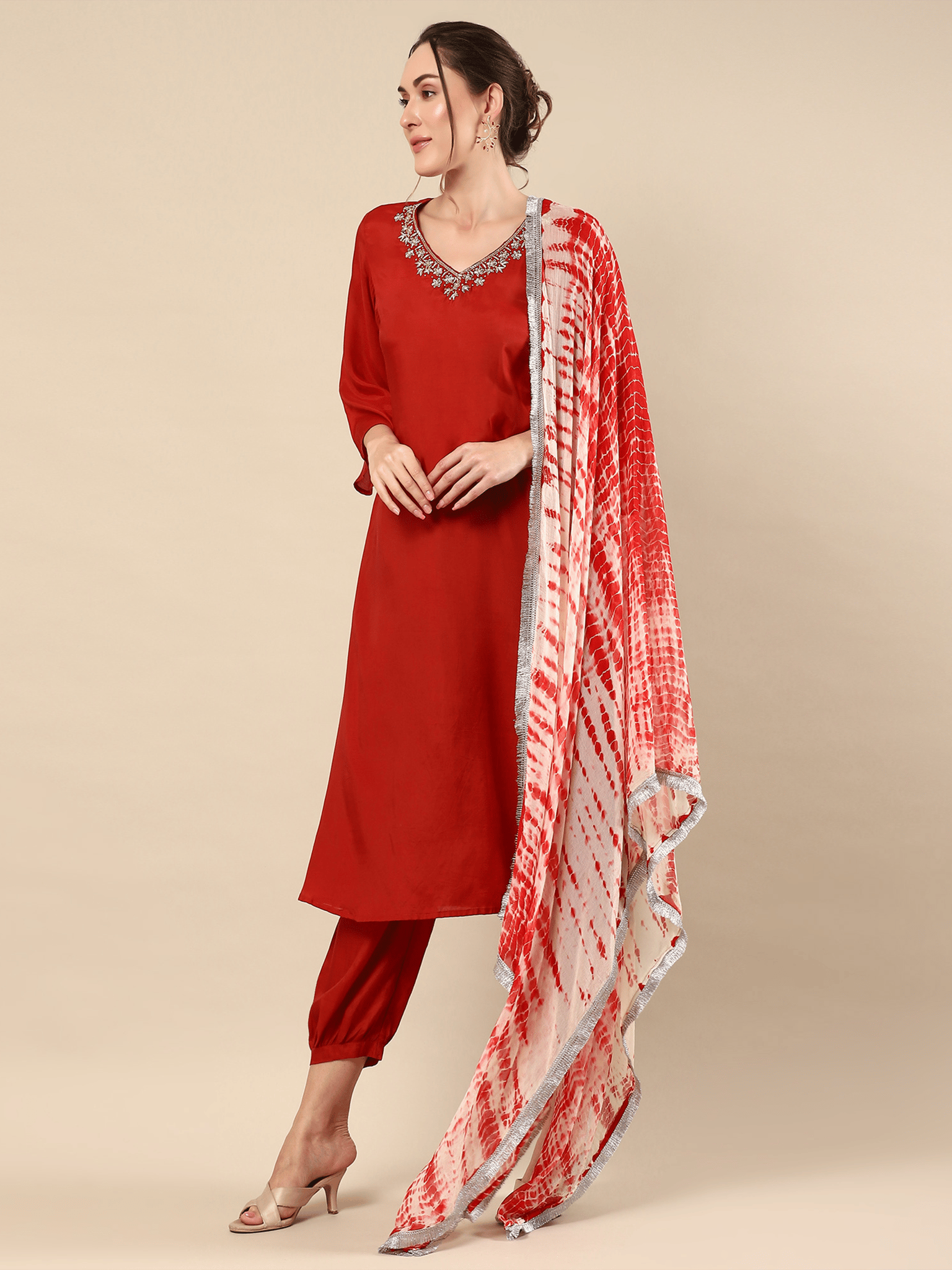 Red Zari Work Cotton Silk Suit Set-XS