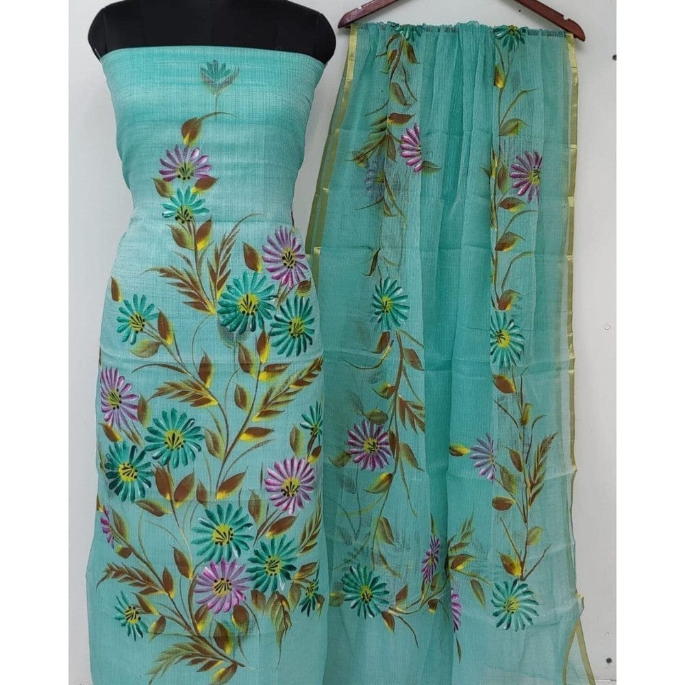 Handpainted Vibrant Kota Doria Blue Suit (Top & Dupatta)