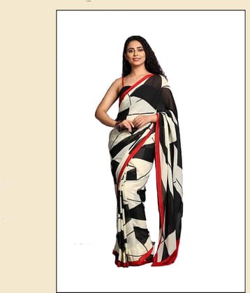 Kanooda Prints Georgette Printed Saree With Unstitched Blouse Piece ( Black )