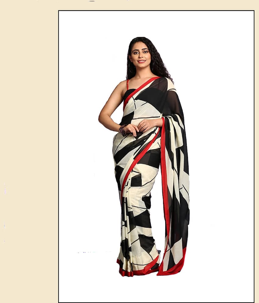 Kanooda Prints Georgette Printed Saree With Unstitched Blouse Piece ( Black )
