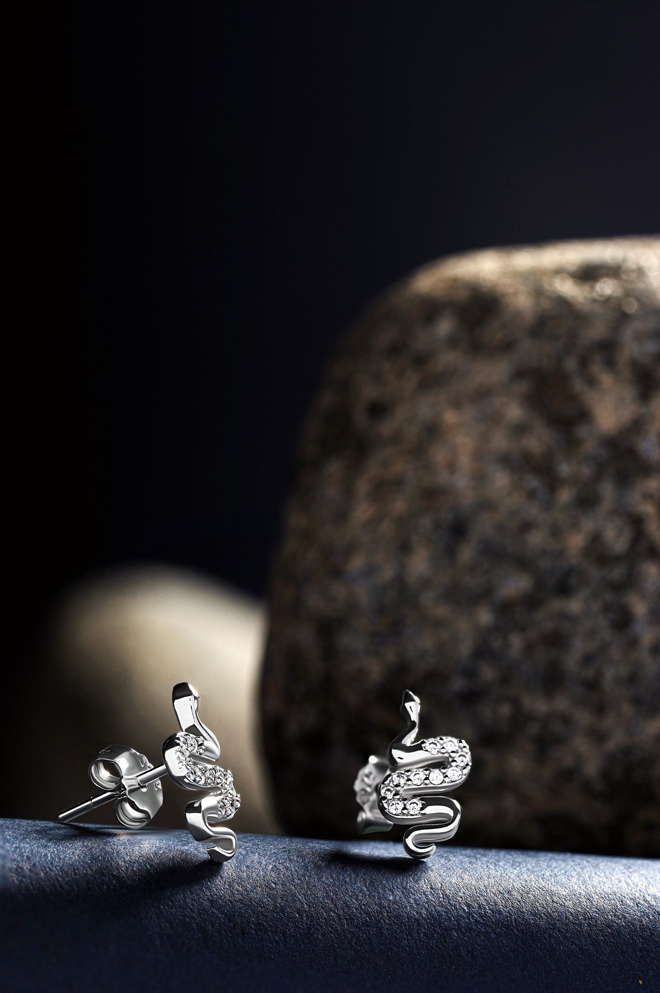 Serpenti-cz snake stud pair-Rhodium plated