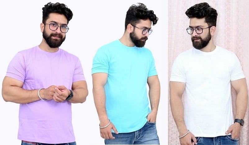 Tru Threads Solid Premium T-Shirt 3 Pcs Combo - Cyan, Lavender, White (Size-L)