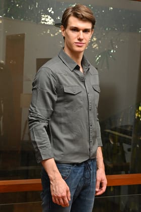 Ive - Cotton Pocketed Solid Shirt - Grey-S-38 / GREY