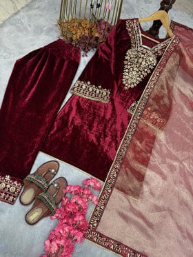 Designer Party Wear Look Heavy Pure Viscose Velvet Top Bottom & Dupatta Set