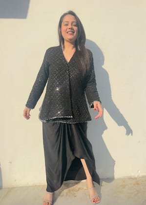 Assymetrical Jacket dhoti skirt Set - Black-Black / XS / XS
