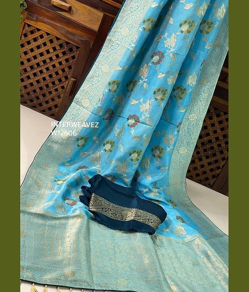 fab woven Kanjivaram Silk Woven Saree With Unstitched Blouse Piece ( Turquoise )