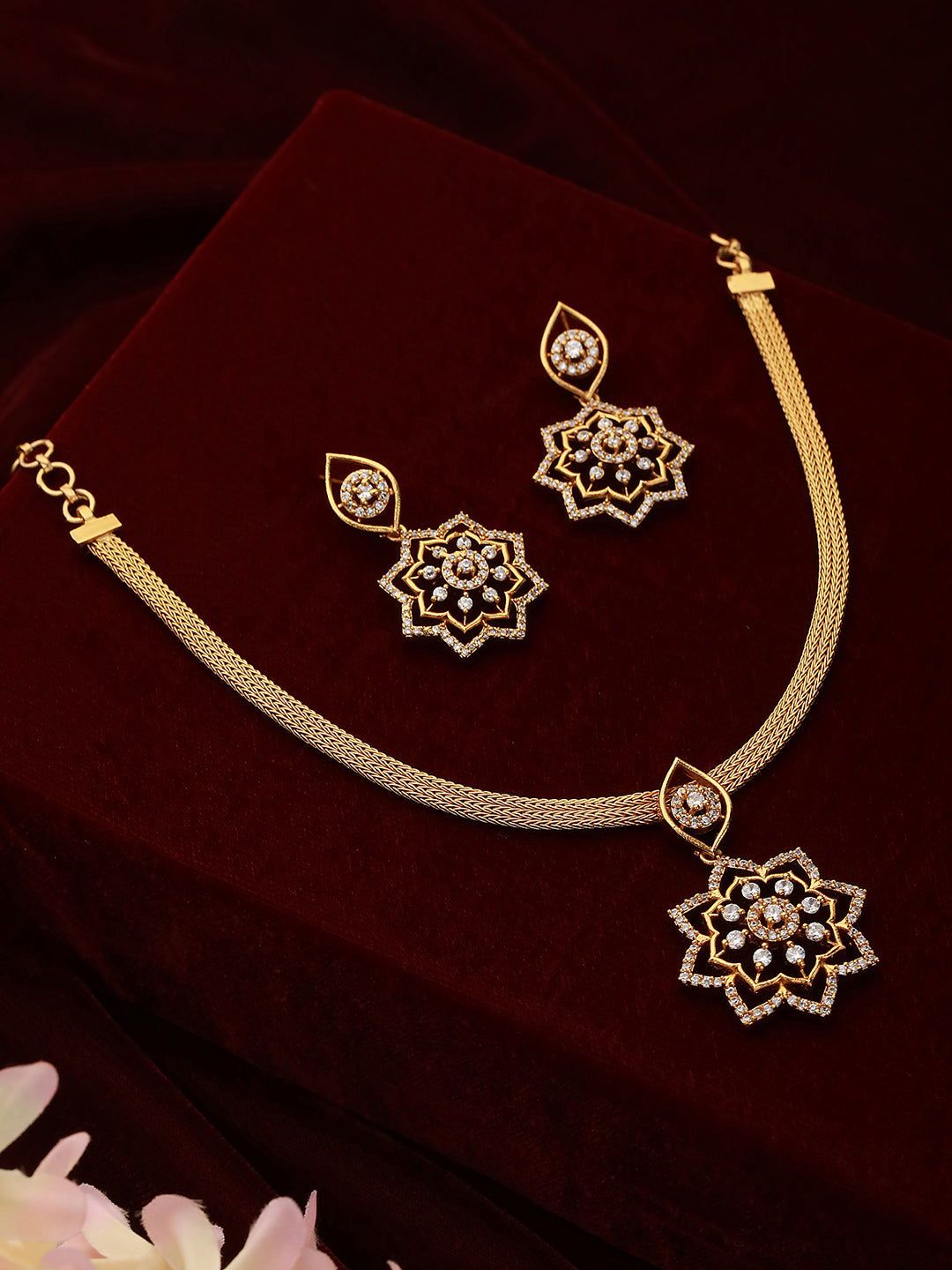 Gold Plated CZ Studded Floral Locket Jewellery Set