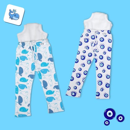 Snugkins Diaper Pant Potty Training Pajamas for Boys & Girls 100% Cotton Size 1 -Pack of 2 - Evil Eye & Whale-Size 1 (1-2 years) / 2