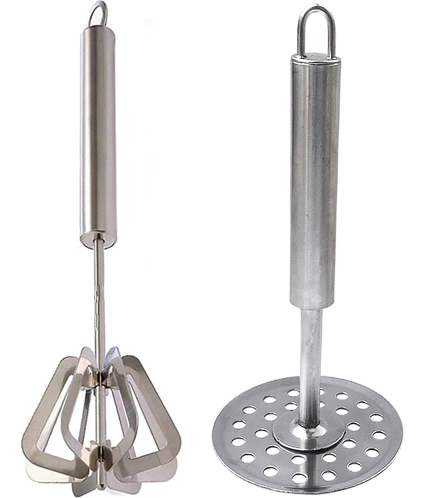 JISUN K70 Stainless Steel Mathani, Hand Mixi Power Free Hand Blender & Potato Masher/Vegetable Masher/Pav Bhaji Masher Silver Kitchen Tool Set