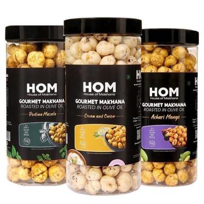 GOURMET MAKHANA Roasted in Olive Oil | Flavors Pudina Masala , Cream & Onion and Achari Mano| Combo Of 3, 65g Each. - 195 gm