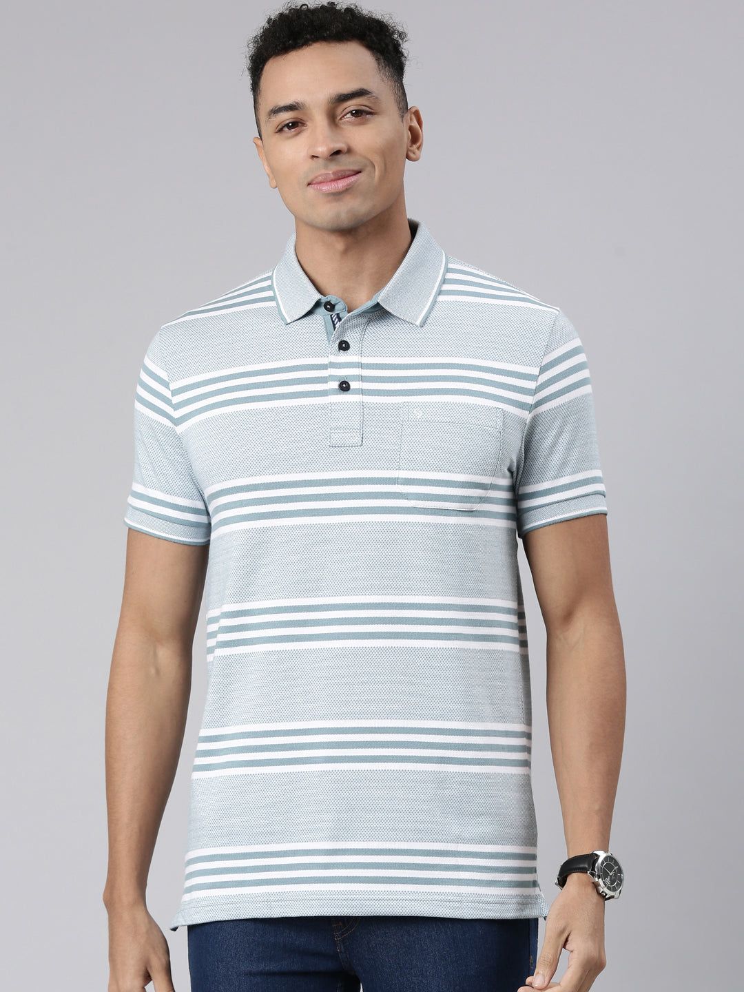 Classic Polo Men's Half Sleeve Blue/White Polo Neck Cotton Blend Slim Fit T-Shirt | ALLUR - 01 A SF P