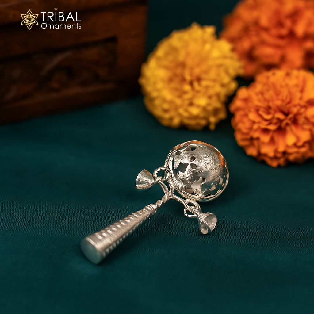 Solid sterling silver handmade design new born baby gifting bells toy, baby krishna gifting toy, silver whistle, silver temple article su899