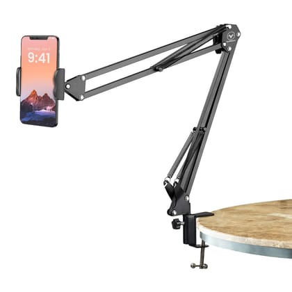 TechMaven Overhead Mobile Stand for Desk | 360° Adjustable Phone Holder | Lazy Arm Mount for Video/Photo Shooting | Bed, Kitchen, Study Table Clamp | Sturdy Metal Stand for Content Creators Black
