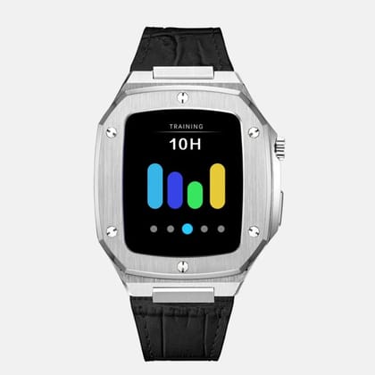 44MM Silver Luxury Edition iWatch Case: Leather Strap-Black