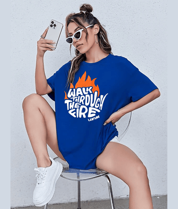 Leotude Women Cotton Blend Printed Oversized Fit Round Neck T-Shirt ( Blue )