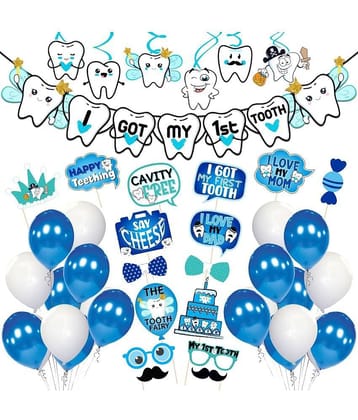 Zyozi I Got My First Tooth Photo Booth Props and I Got My First Tooth Banner With Balloons, Swirls/First Tooth Decoration Items for Baby/Rice Ceremony Decoration Kit(Pack of 48) (Blue)