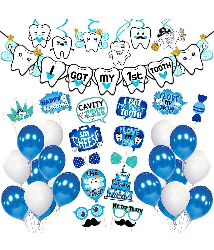Zyozi I Got My First Tooth Photo Booth Props and I Got My First Tooth Banner With Balloons, Swirls/First Tooth Decoration Items for Baby/Rice Ceremony Decoration Kit(Pack of 48) (Blue)