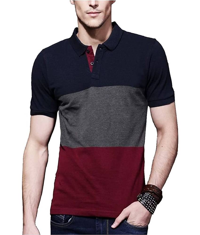 Leotude Pack of 1 Cotton Blend Regular Fit Colorblock Half Sleeves Men's Polo T Shirt ( Navy )