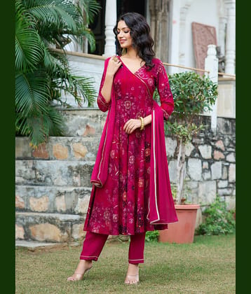 VIBE VISION Silk Blend Printed Kurti With Pants Women's Stitched Salwar Suit - Pink ( Pack of 1 )
