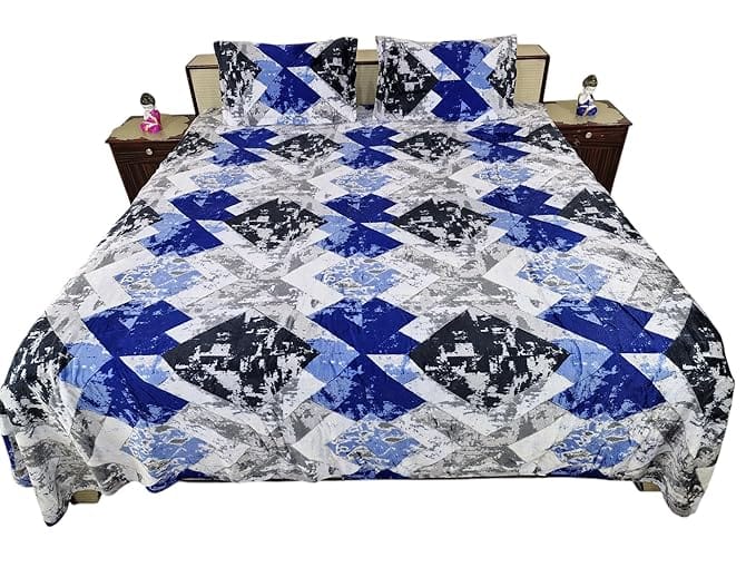 Velvet bedsheet with Two Pillow Covers,Geometric Patchwork, Blue, Black, Grey