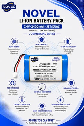 NOVEL 7.4V BMS 18650 LITHIUM ION DUAL BATTERY PACK WITH JST 2PIN- 2400mAh