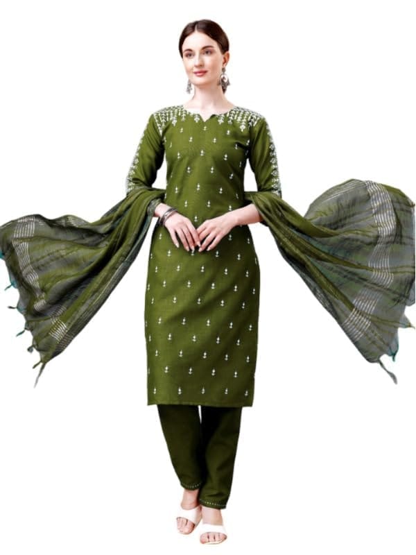 Women's Casual 3-4 th Sleeve Embroidery Cotton Kurti Pant Dupatta Set (Green, S)-PID50242
