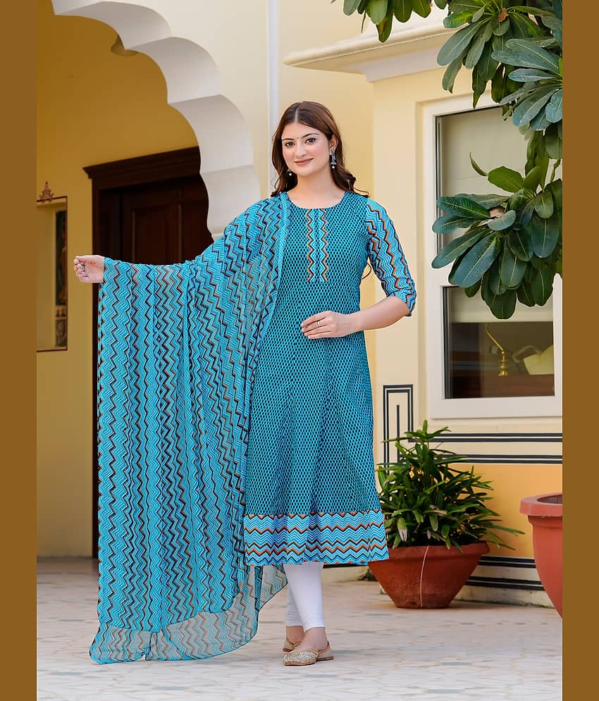 Yash Gallery Women Cotton Printed Anarkali Kurti with Dupatta ( Teal )
