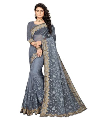 Generic Women's Net Saree With Blouse (Grey, 5-6 Mtr)