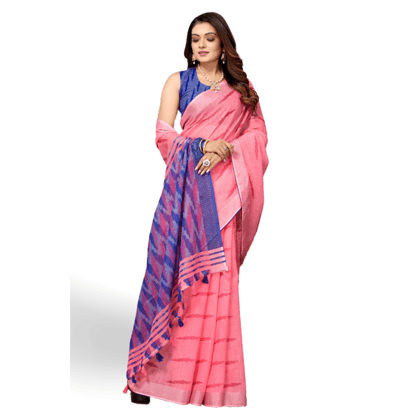 TheHangr Women's Linen Printed Pink Saree With Blue Pallu