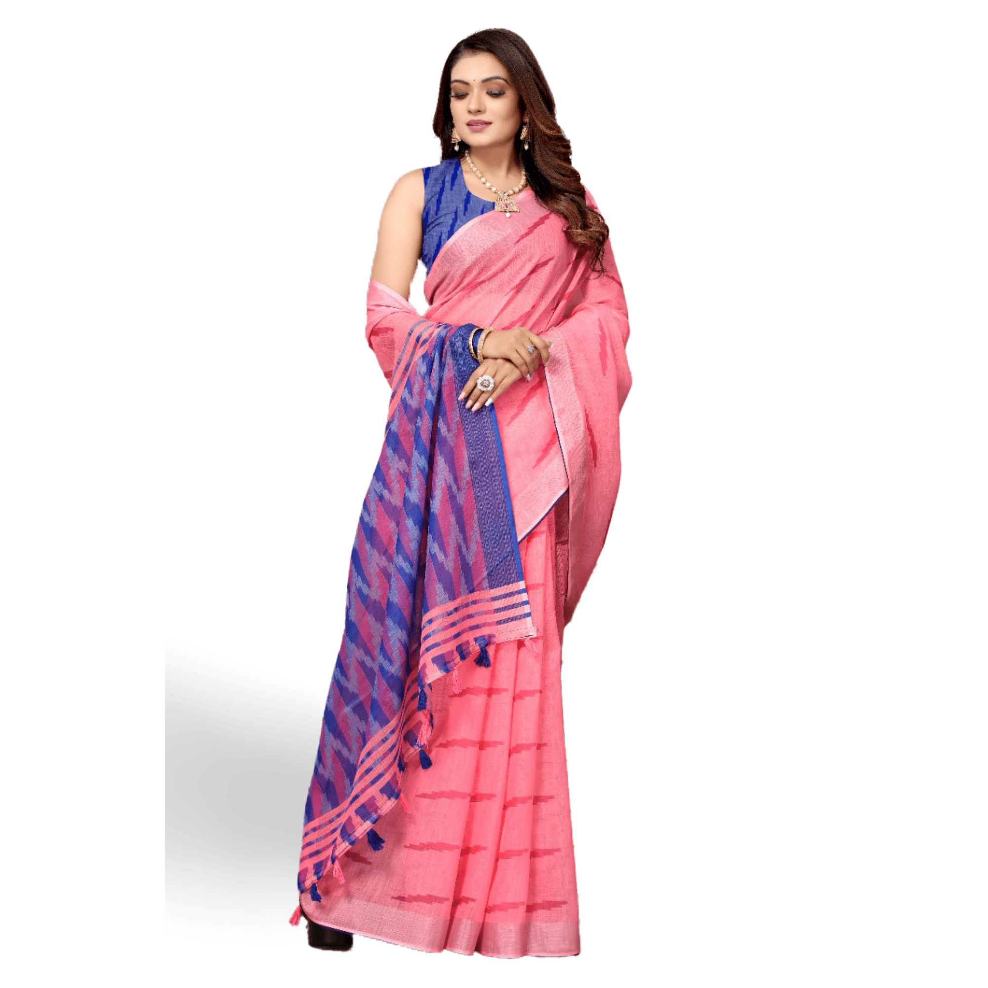 TheHangr Women's Linen Printed Pink Saree With Blue Pallu