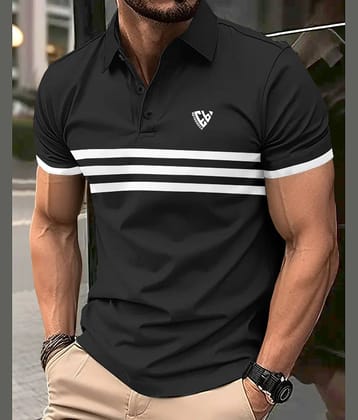 Eyebogler Pack of 1 Cotton Blend Regular Fit Striped Half Sleeves Men's Polo T Shirt ( Black )