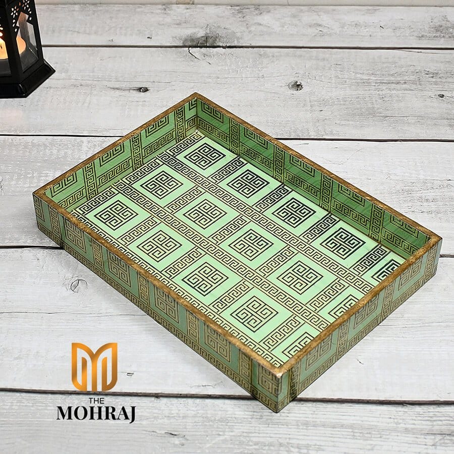 The Mohraj Block Green MDF Serving Tray with Gold Foil Detailing  