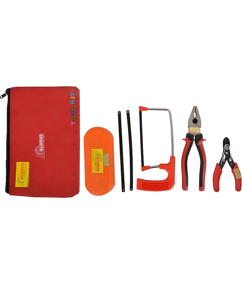 Globus Steel Hand Tool Set/5 Pcs ( 8" plier ,screwdriver set/6 pcs , 6" wire cutter,  6"hacksaw with pvc handle with 2 blade and tool kit bag